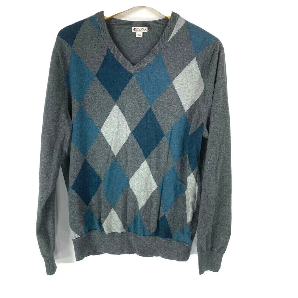 Merona L Large Sweater Pullover V-Neck Gray Blue Argyle Thin 100% Cotton Diamond